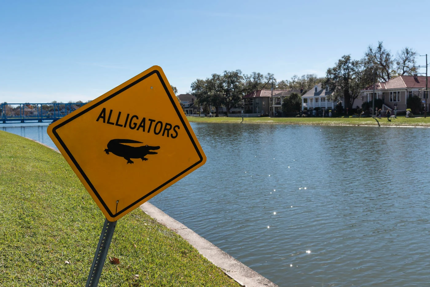 Panneau situé au niveau du Bayou Saint John Panneau danger "alligator" à La Nouvelle-Orléans dans un bayou